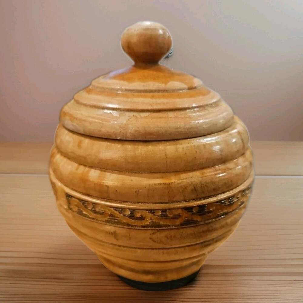 Vintage Mexican Hand Turned Wood Lidded Jar Folk Art Trinket Box Carved 5"